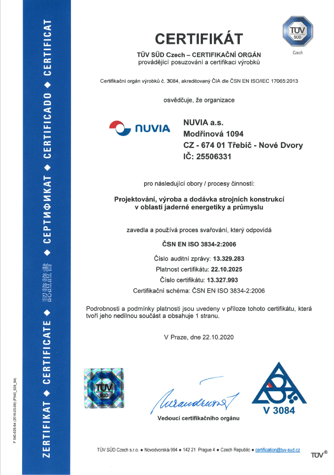 Certifikat EN ISO 3834 2 2006 NUVIA CZ